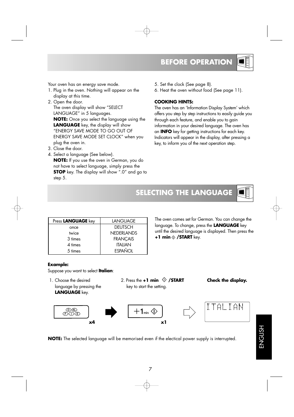 Before operation, Selecting the language, English | Sharp R-963S User Manual | Page 9 / 45