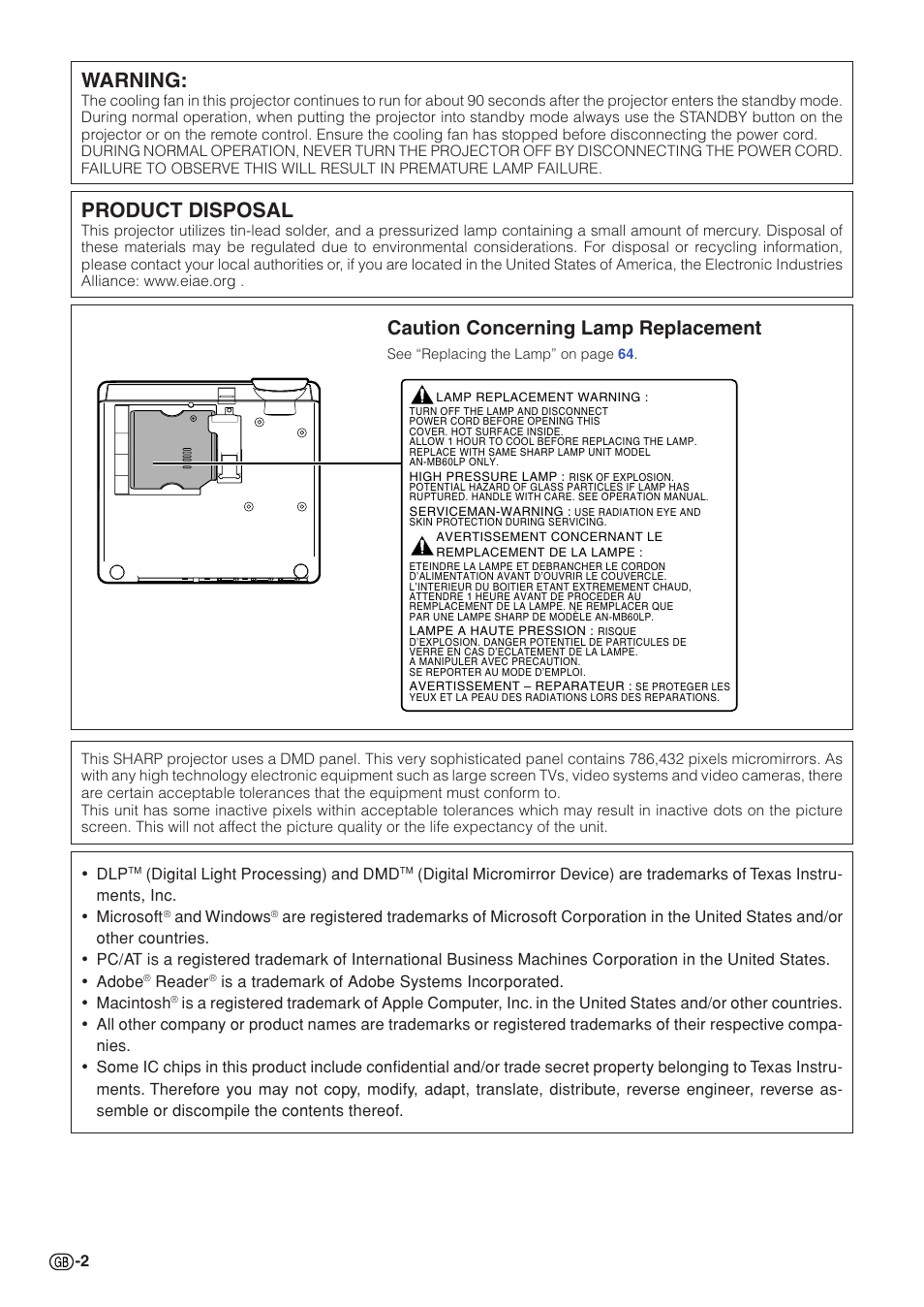 Warning, Product disposal, Caution concerning lamp replacement | Sharp PG-MB60X User Manual | Page 6 / 78
