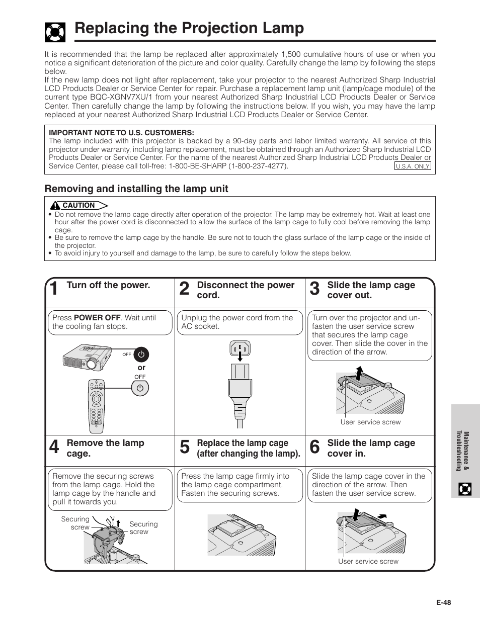 Replacing the projection lamp, Replacing the projection lamp ………………… 48 | Sharp XG-NV7XU User Manual | Page 49 / 66