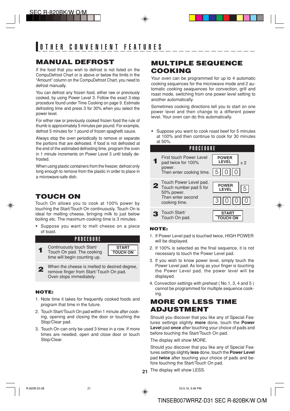 Multiple sequence cooking, More or less time adjustment, Manual defrost | Touch on | Sharp Microwave Oven User Manual | Page 23 / 43
