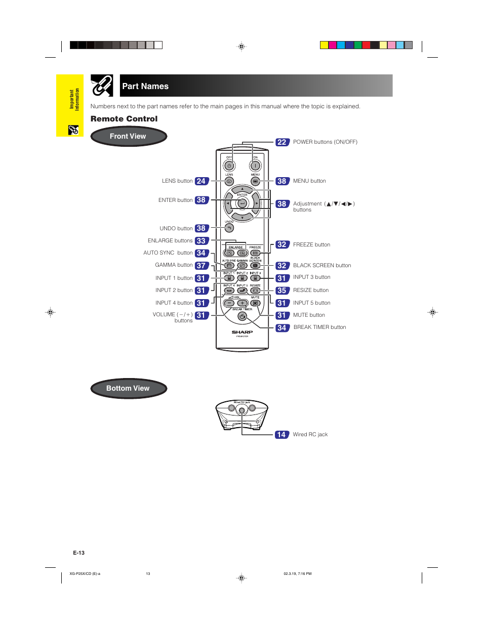 Part names | Sharp XG-P25X User Manual | Page 16 / 80