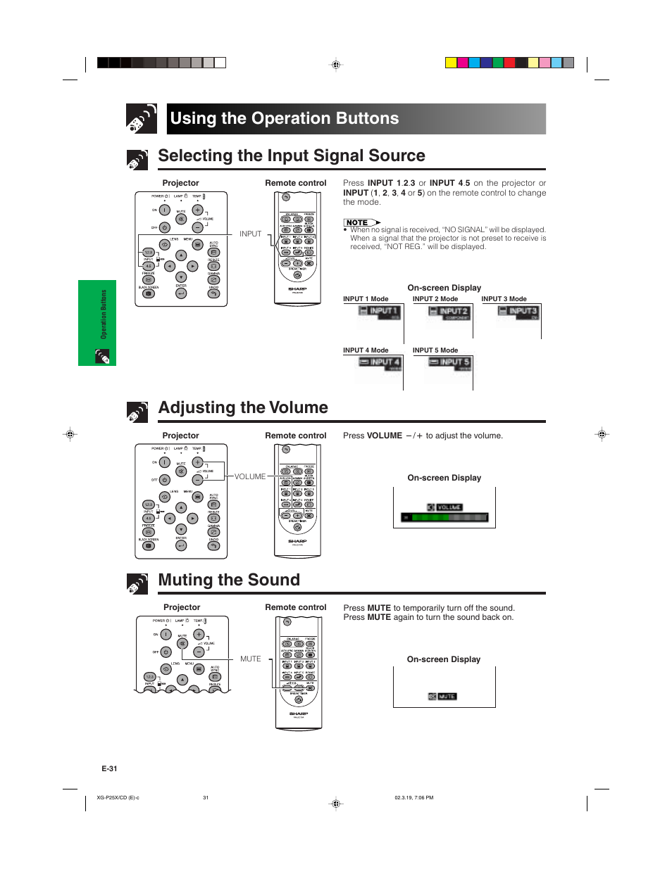 Adjusting the volume, Muting the sound | Sharp XG-P25X User Manual | Page 34 / 80
