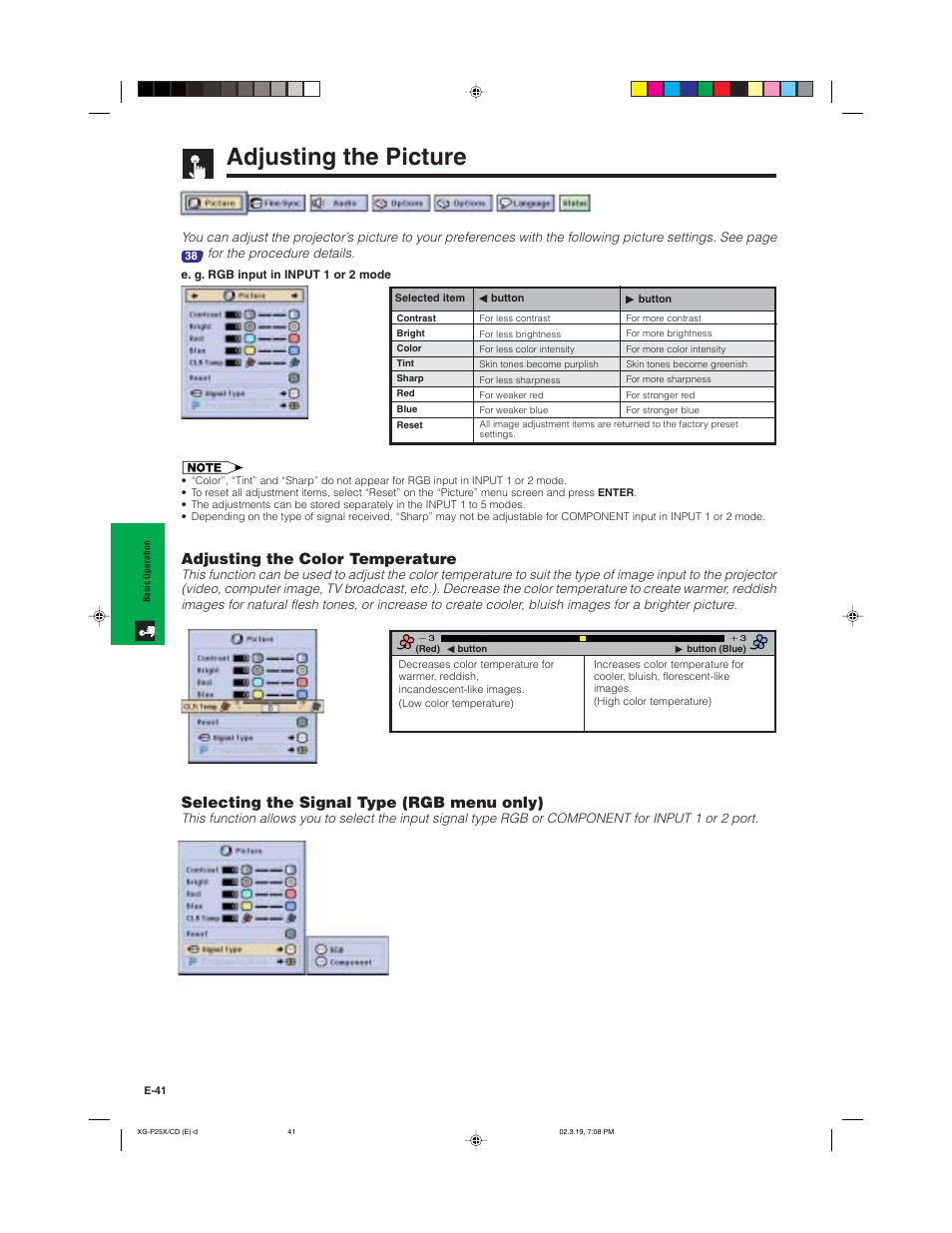 Adjusting the picture, Adjusting the color temperature, Selecting the signal type (rgb menu only) | Sharp XG-P25X User Manual | Page 44 / 80