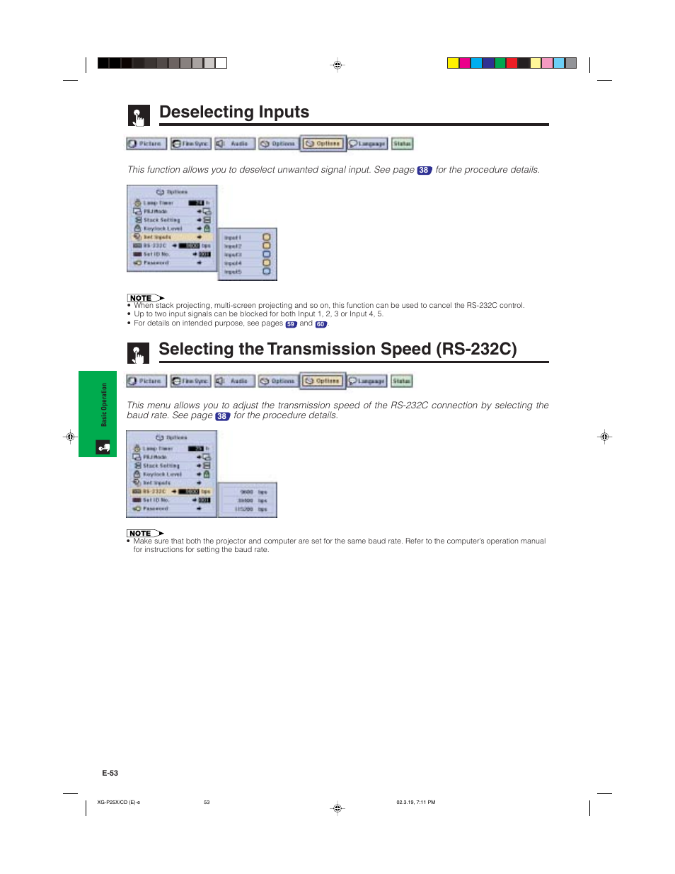 Deselecting inputs, Selecting the transmission speed (rs-232c) | Sharp XG-P25X User Manual | Page 56 / 80