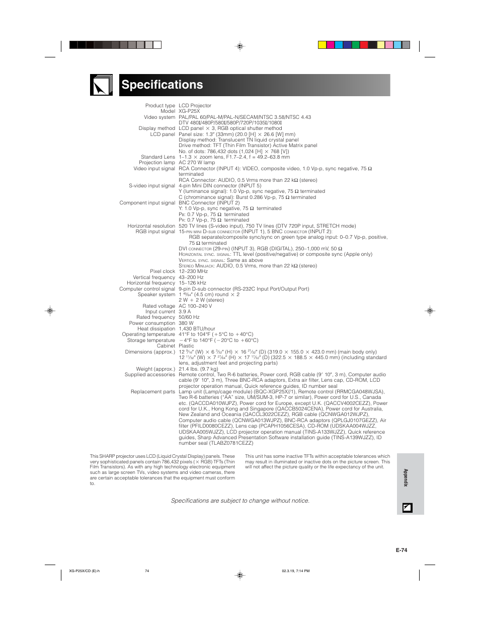 Specifications | Sharp XG-P25X User Manual | Page 77 / 80