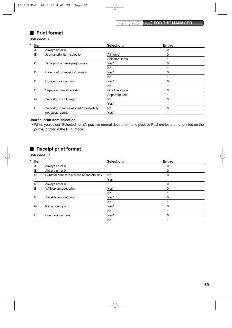 Print format, Receipt print format, For the manager | Sharp XE-A303 User Manual | Page 71 / 104