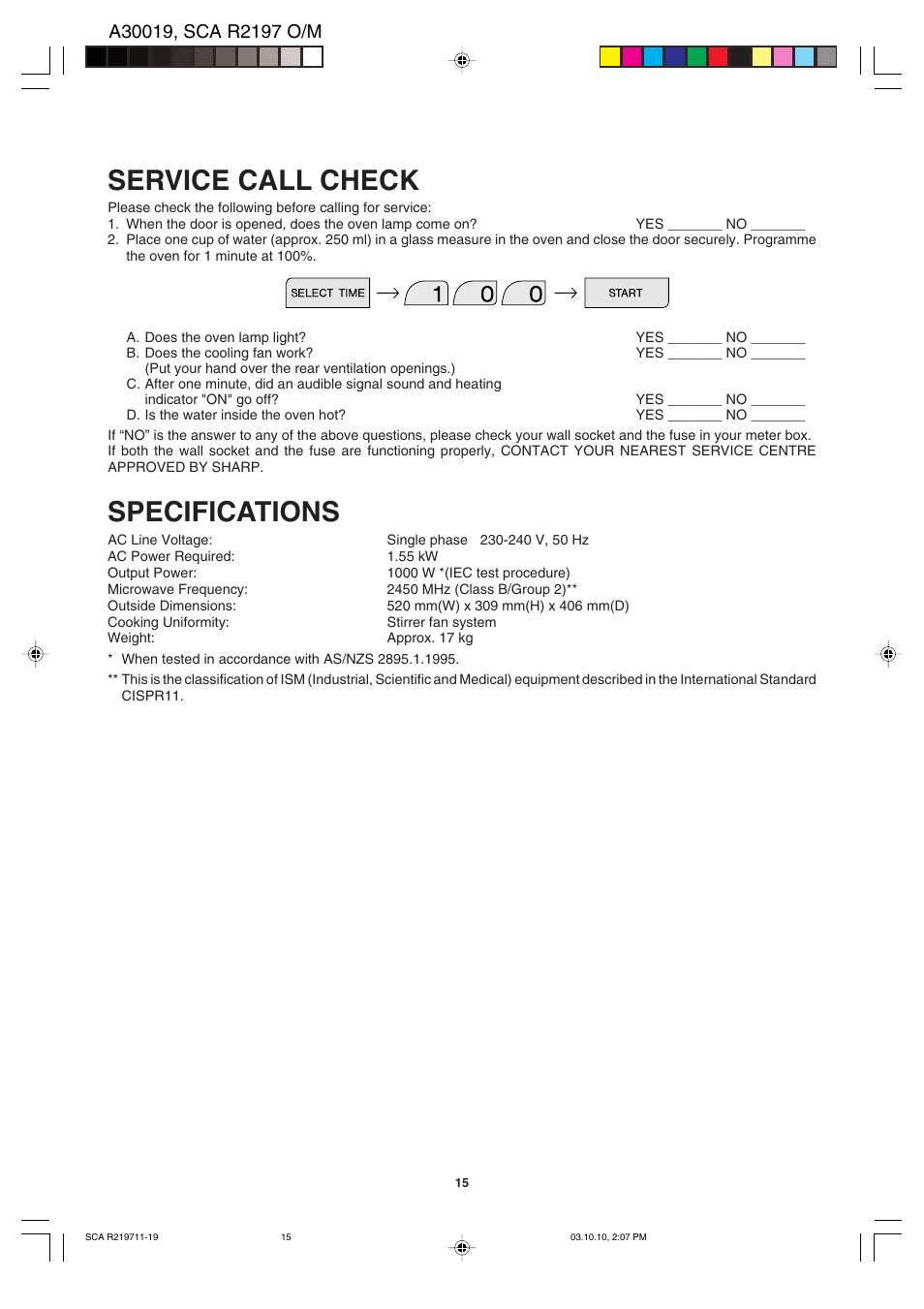 Service call check specifications | Sharp MODEL R-2197 User Manual | Page 16 / 20