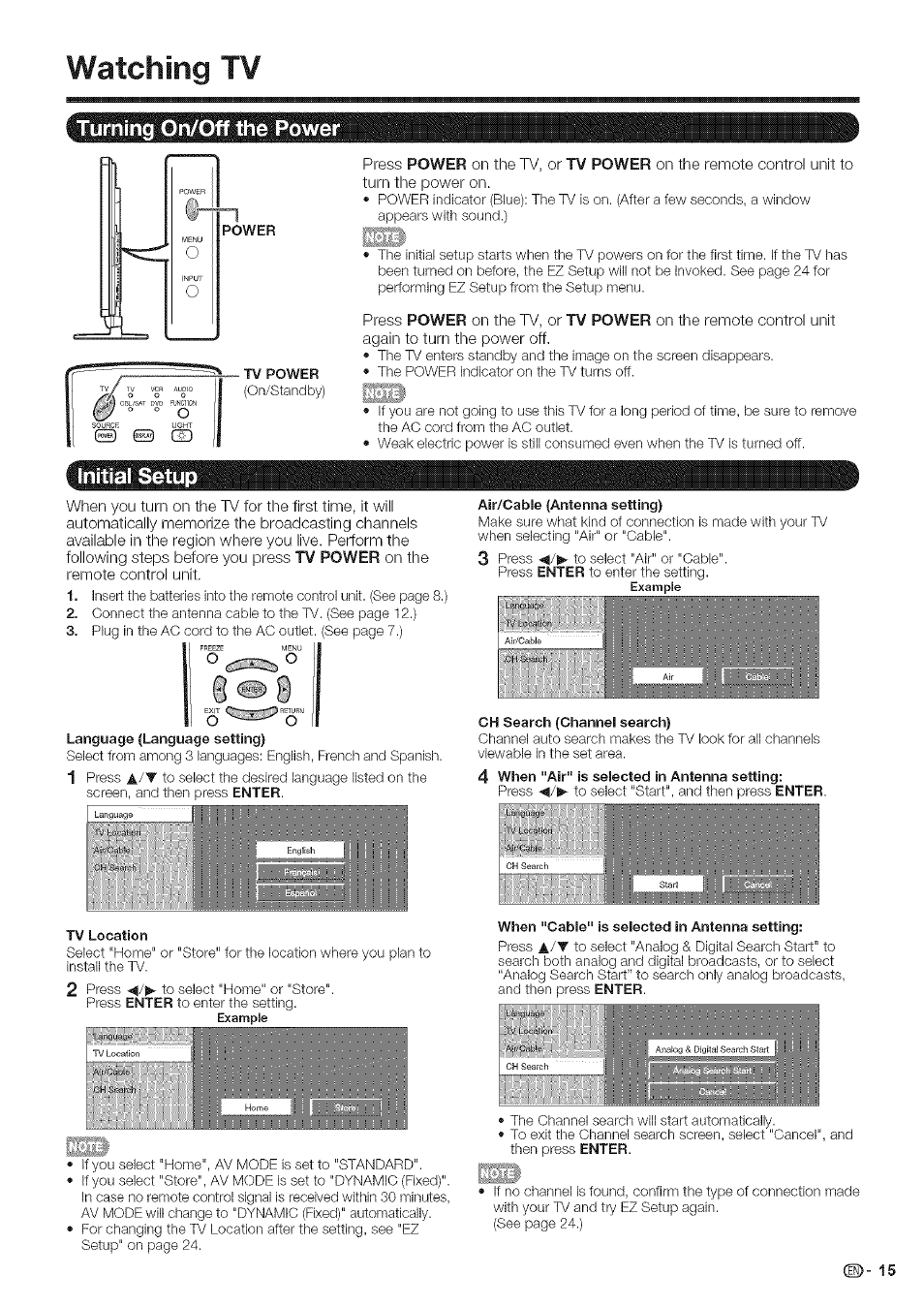 Watching tv, Turning on/off the power, Initial setup | Watching w, Ky ° ° o | Sharp Aquos LC 46SE94U User Manual | Page 16 / 58