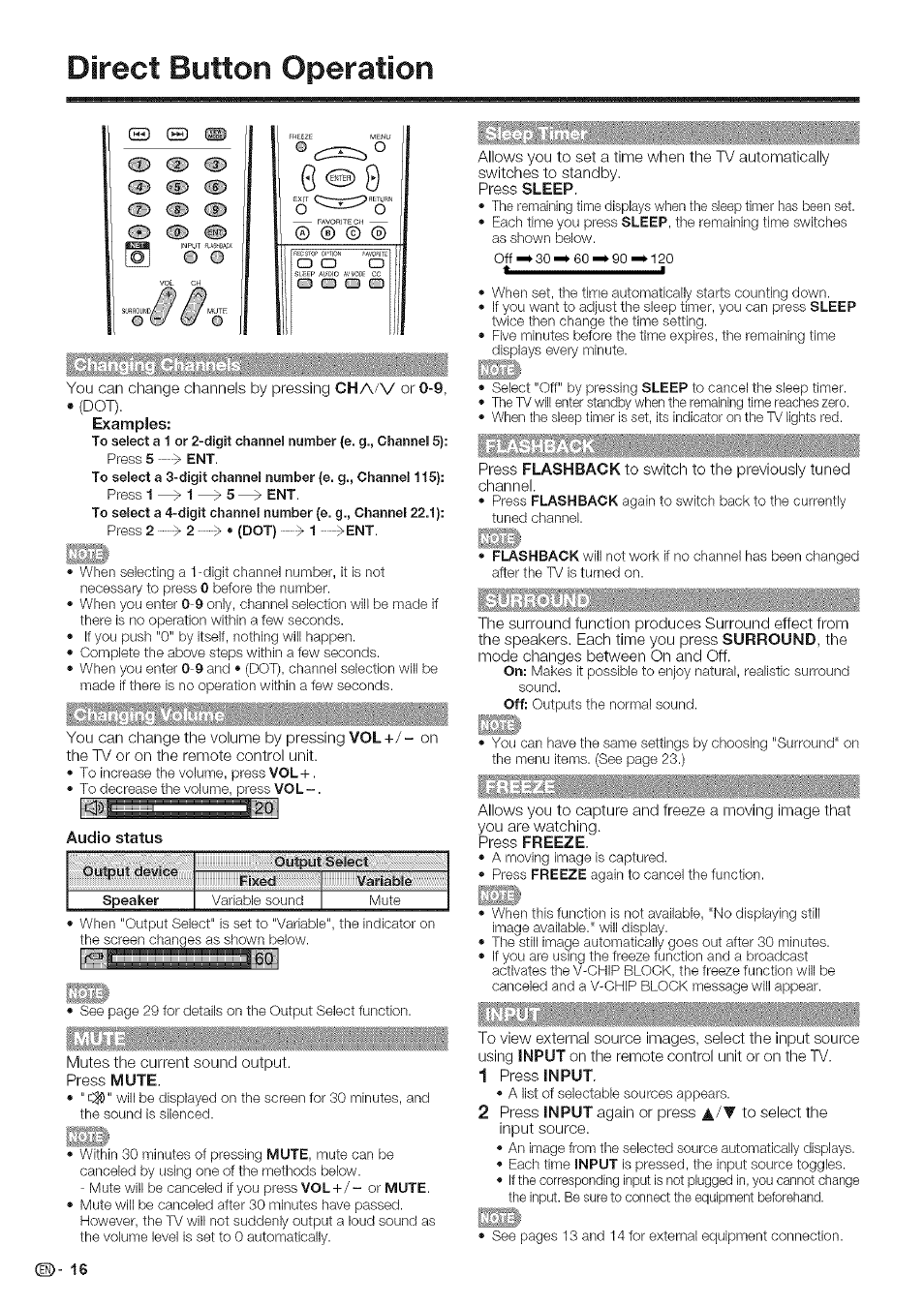 Direct button operation, Audio status, Audio setup | Gl g, Ci) cd, Changing volume, Surrou | Sharp Aquos LC 46SE94U User Manual | Page 17 / 58