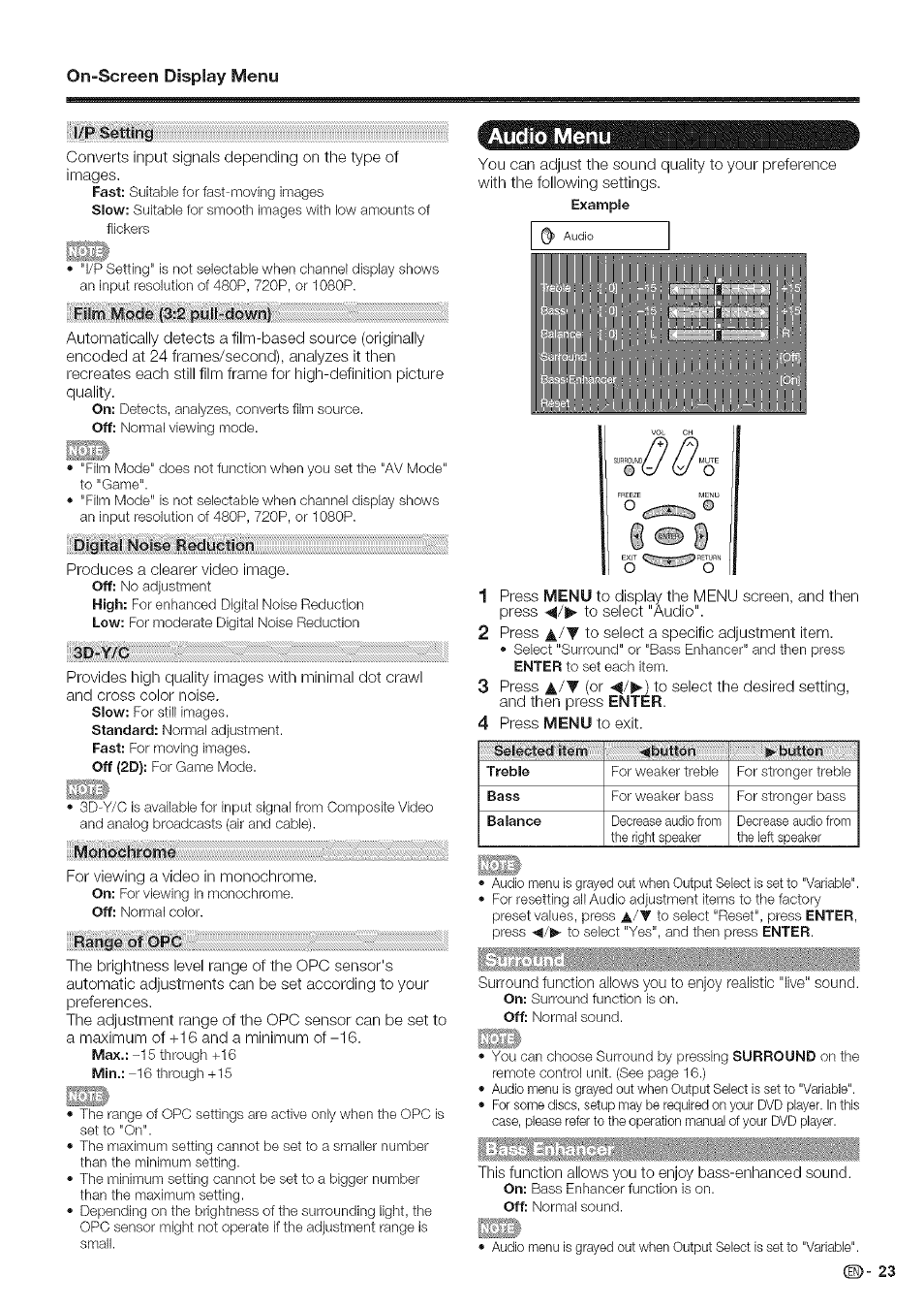 Audio menu, On-screen display menu, Bass enhancer | Sharp Aquos LC 46SE94U User Manual | Page 24 / 58
