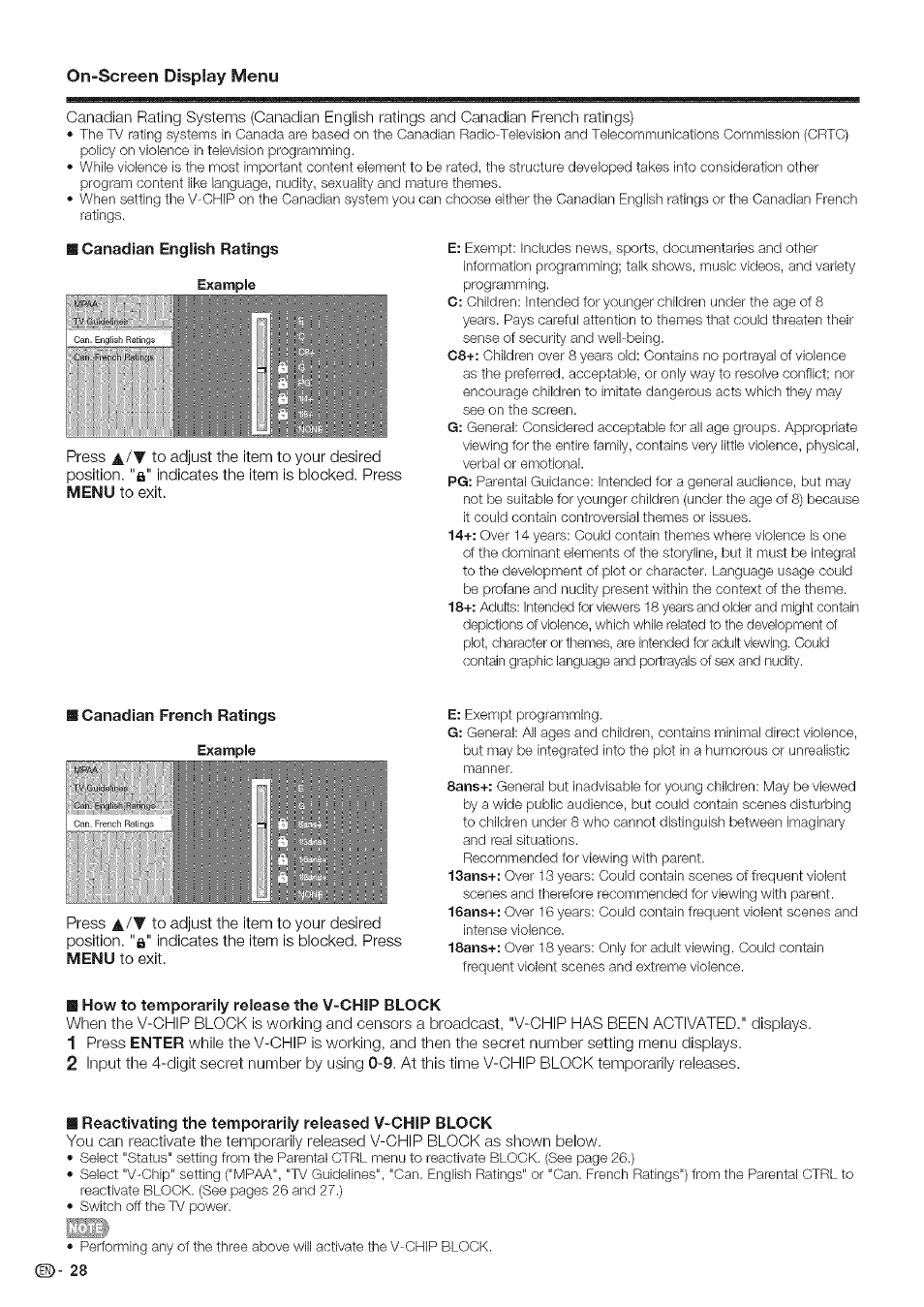 How to temporarily release the v-chip block, Reactivating the temporarily released v-chip block, On-screen display menu | Sharp Aquos LC 46SE94U User Manual | Page 29 / 58