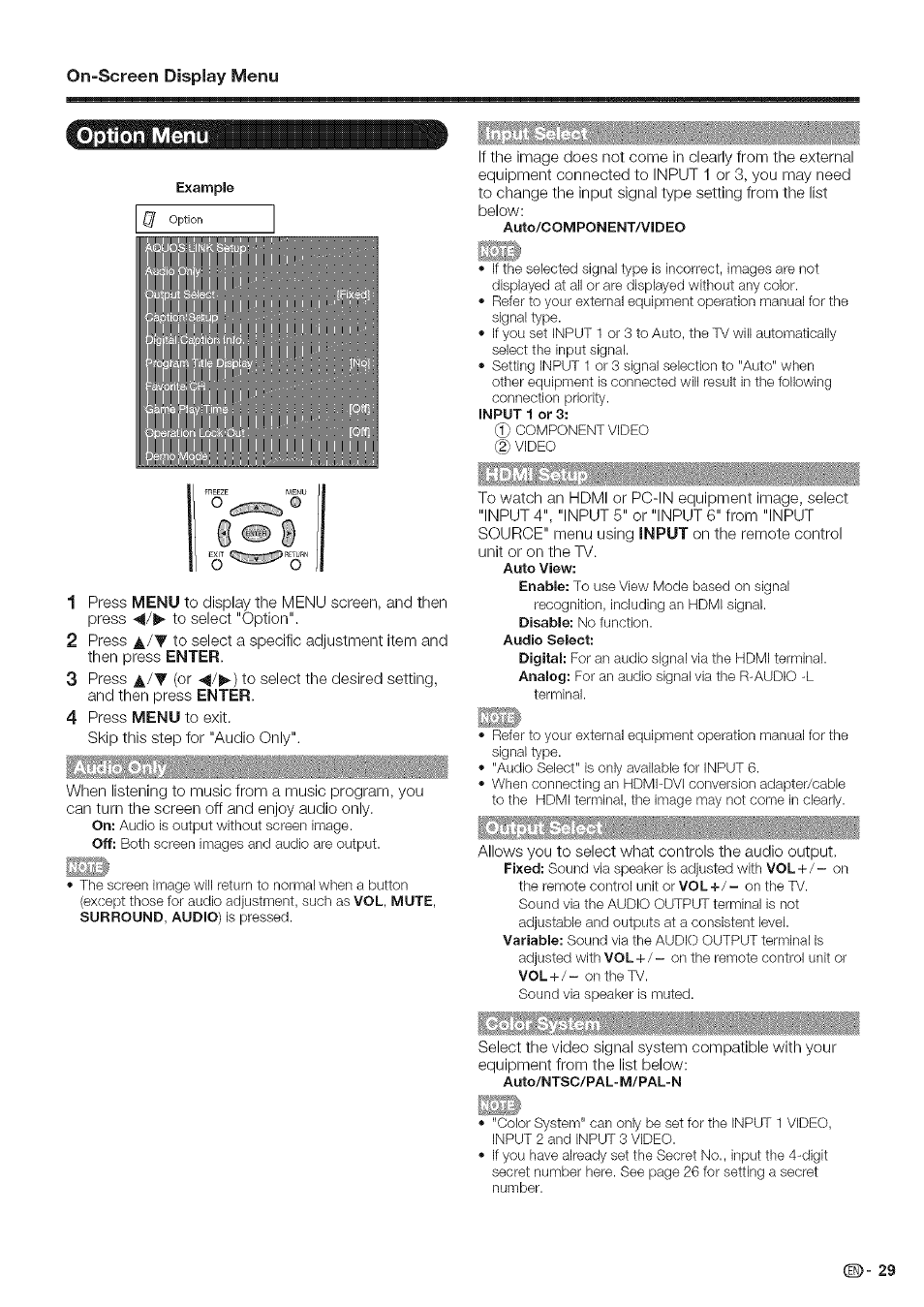 Option menu, Homi set, Hdmi setup | On-screen display menu | Sharp Aquos LC 46SE94U User Manual | Page 30 / 58