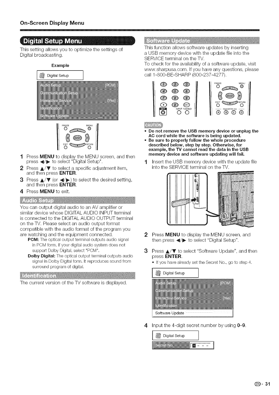 Digital setup menu | Sharp Aquos LC 46SE94U User Manual | Page 32 / 58
