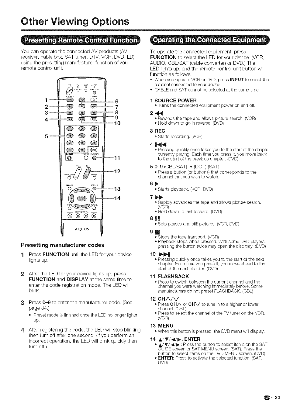 Other viewing options, Presetting manufacturer codes, 1 source power | Sharp Aquos LC 46SE94U User Manual | Page 34 / 58