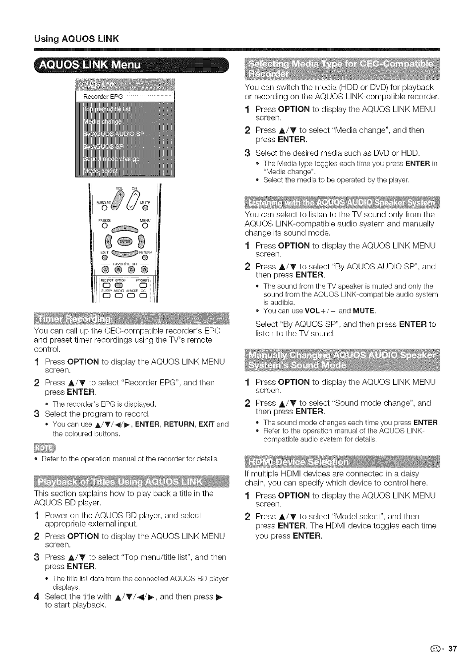 Aquos link menu, Aquos link setup | Sharp Aquos LC 46SE94U User Manual | Page 38 / 58