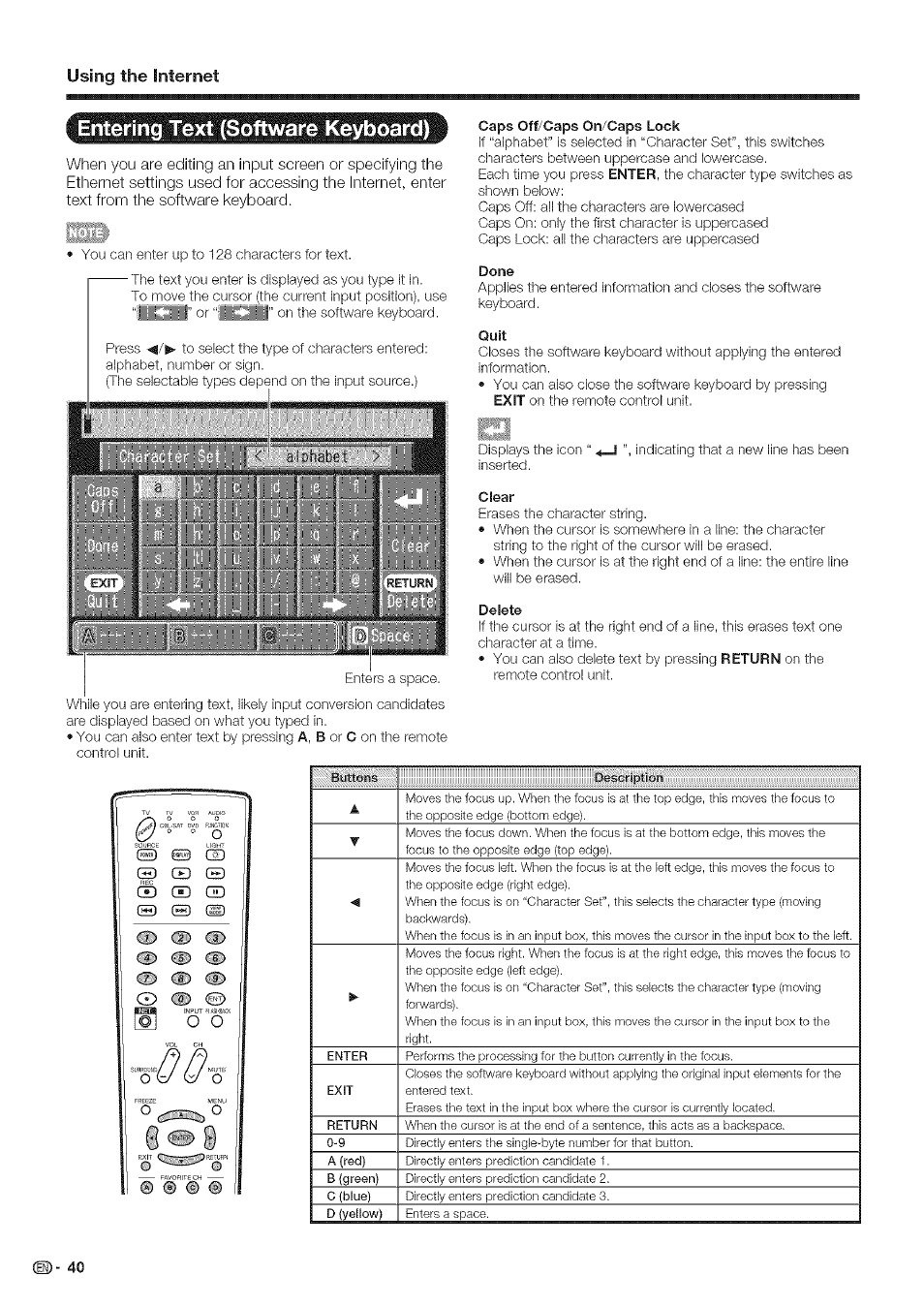 Entering text (software keyboard), Using the internet | Sharp Aquos LC 46SE94U User Manual | Page 41 / 58