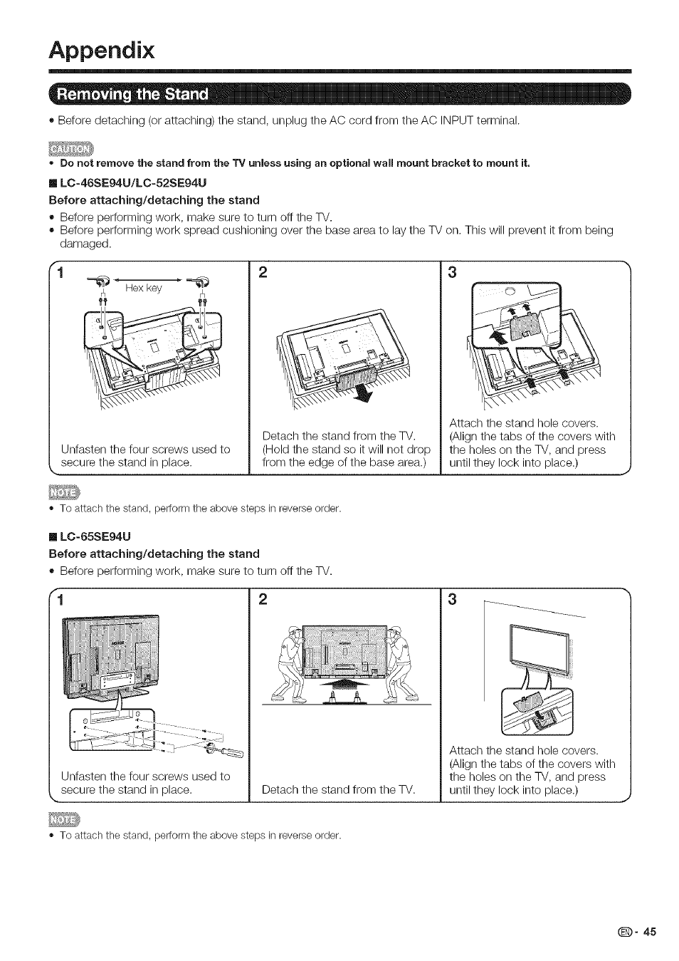 Appendix, Bemoving the stand, Lc-46se94u/lc-52se94u | Lc-65se94u, Removing the stand | Sharp Aquos LC 46SE94U User Manual | Page 46 / 58