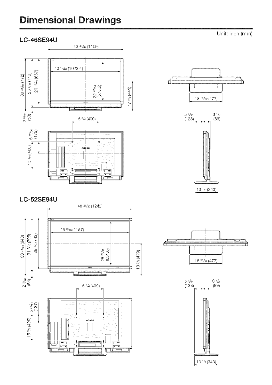 Dimensionai drawings | Sharp Aquos LC 46SE94U User Manual | Page 56 / 58
