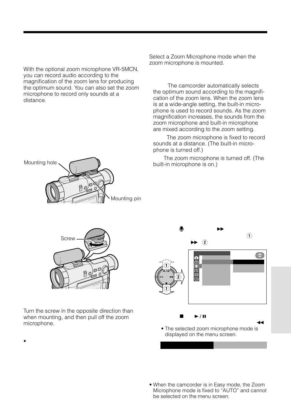 Using the zoom microphone, Optional accessory), Auto z oom m i c | Sharp VL-WD250U User Manual | Page 63 / 92