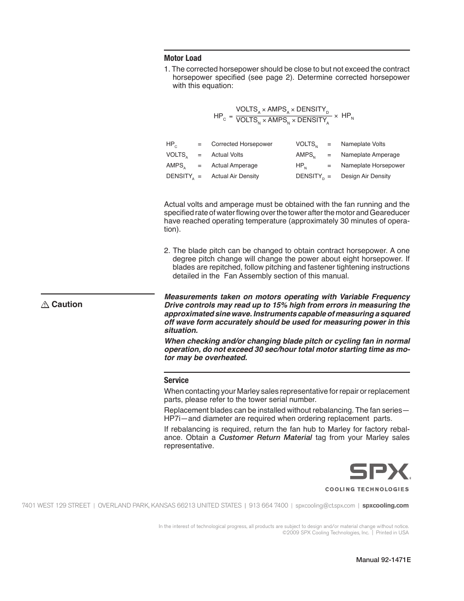 Caution motor load, Service | SPX Cooling Technologies HP7I User Manual | Page 4 / 4