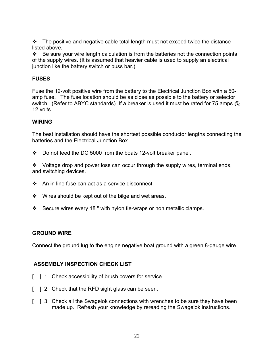 Fuses, Wiring, Assembly inspection check list | Sea Frost DC 5000 User Manual | Page 22 / 46