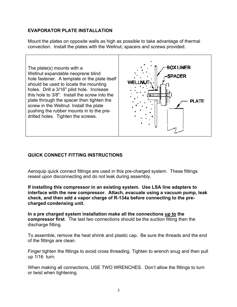 Evaporator plate installation, Quick connect fitting instructions | Sea Frost Bait Freezer User Manual | Page 3 / 11