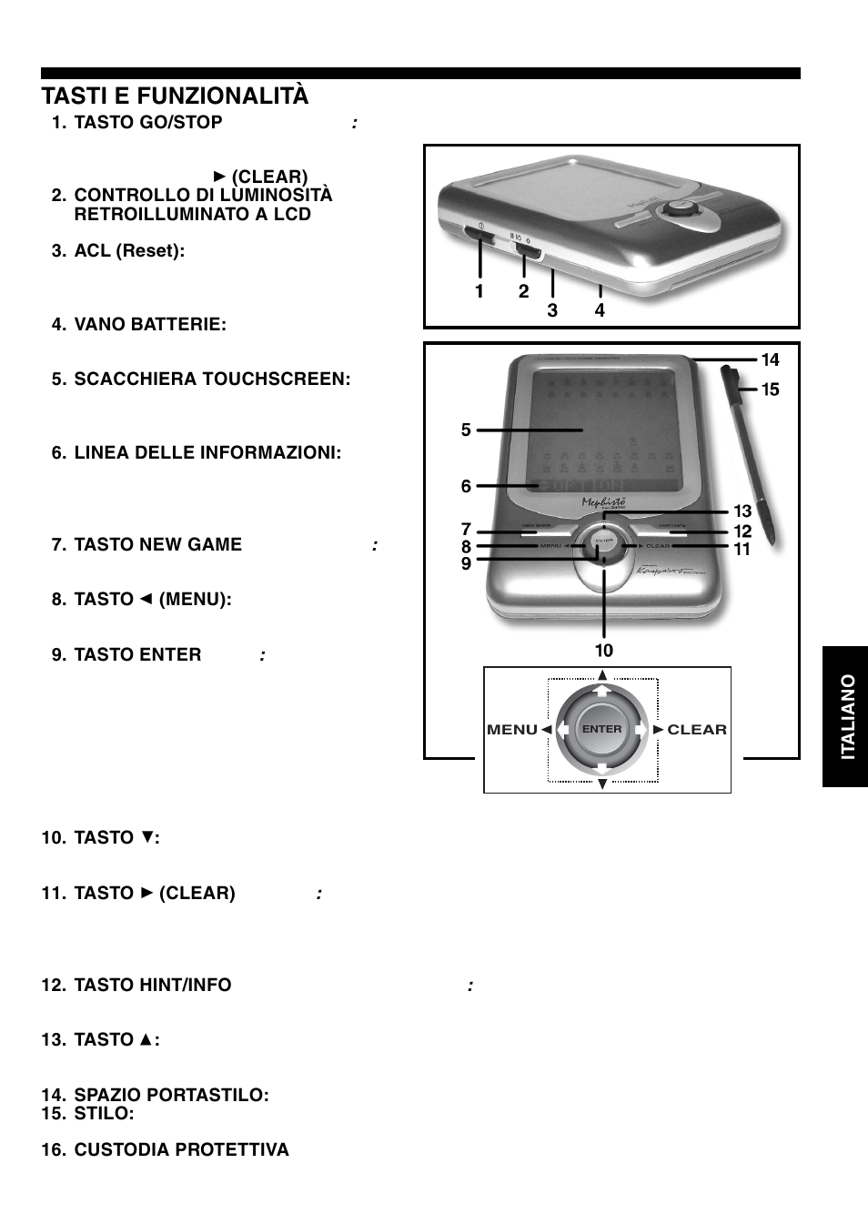 Tasti e funzionalità | Saitek Mephisto Maestro Travel Chess Computer User Manual | Page 101 / 209
