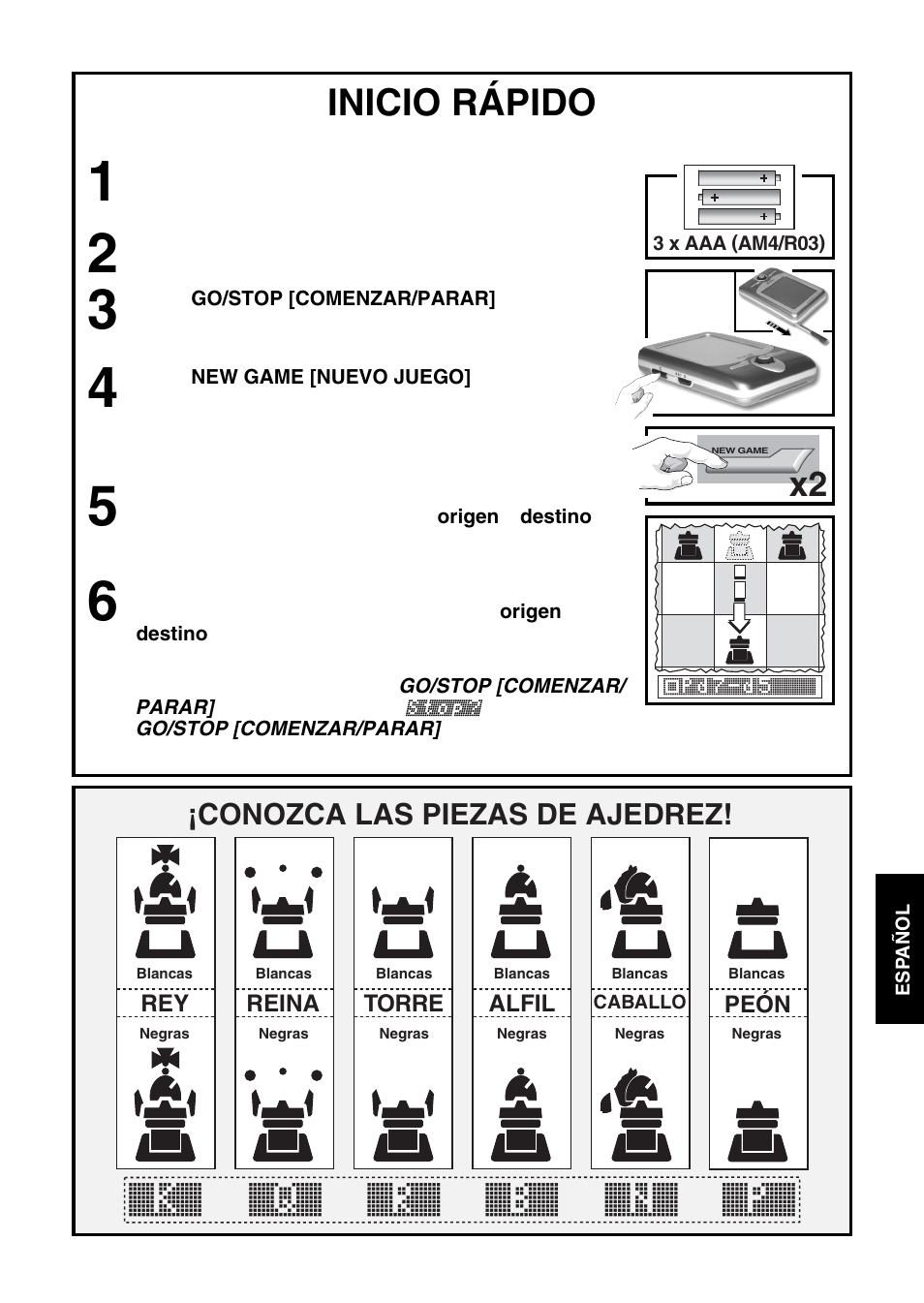K` q` r` b` n` p, Inicio rápido | Saitek Mephisto Maestro Travel Chess Computer User Manual | Page 135 / 209