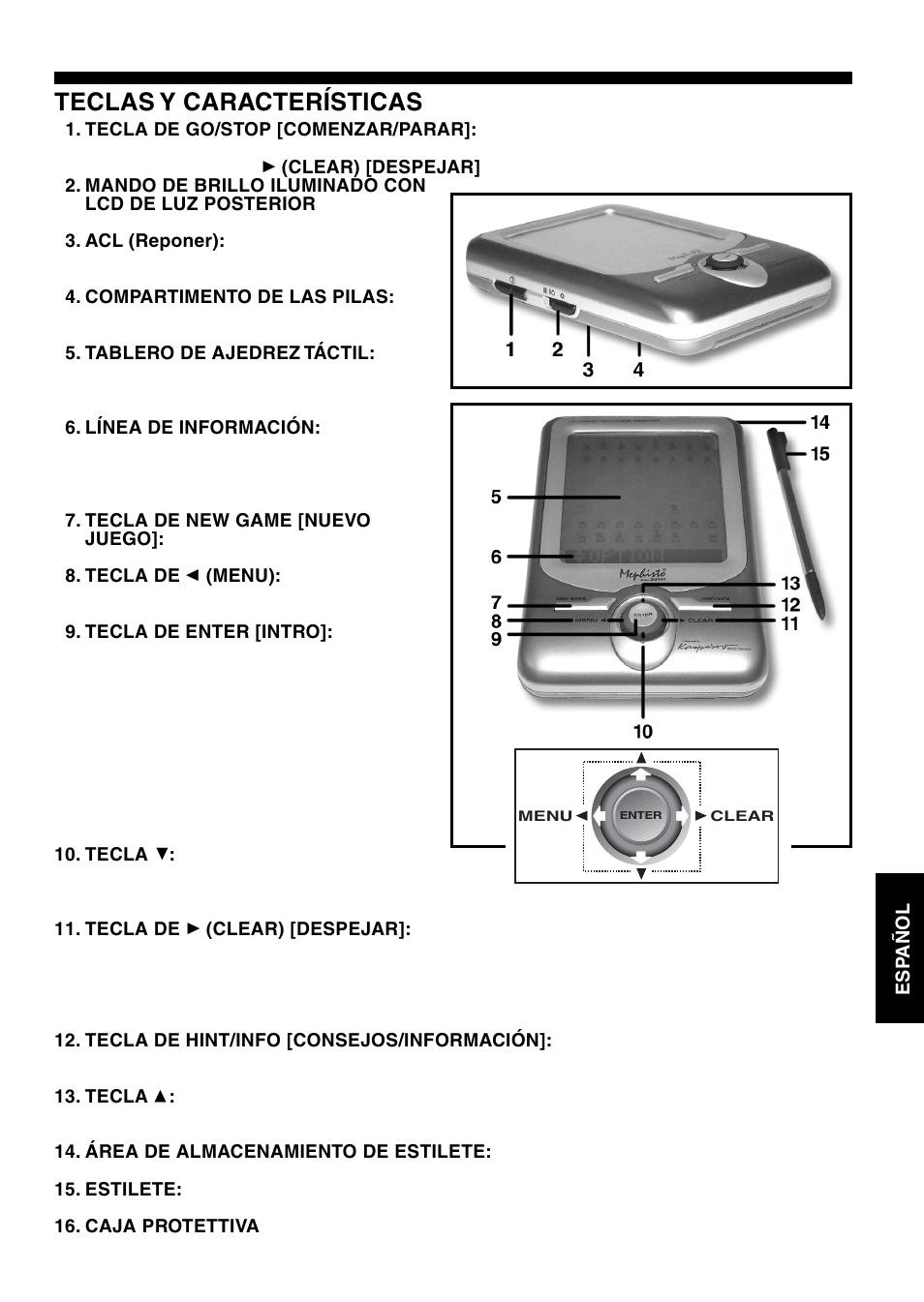 Teclas y características | Saitek Mephisto Maestro Travel Chess Computer User Manual | Page 137 / 209