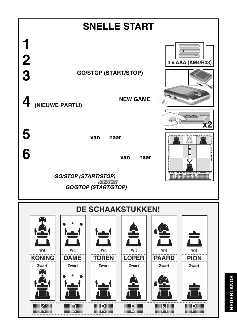 K` q` r` b` n` p, Snelle start | Saitek Mephisto Maestro Travel Chess Computer User Manual | Page 171 / 209