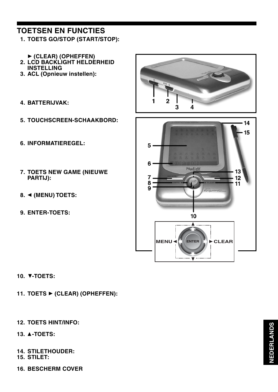 Toetsen en functies | Saitek Mephisto Maestro Travel Chess Computer User Manual | Page 173 / 209