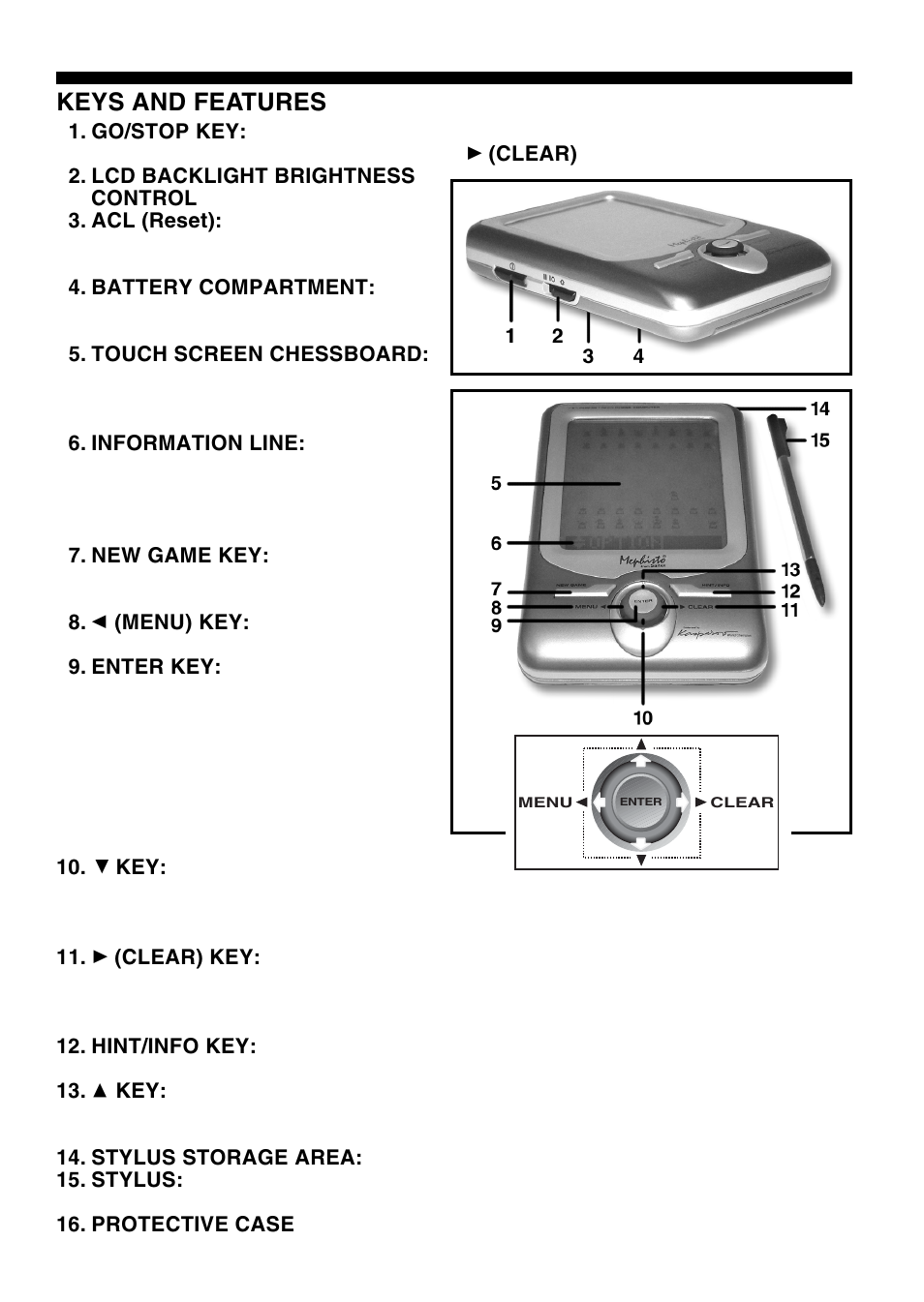 Keys and features | Saitek Mephisto Maestro Travel Chess Computer User Manual | Page 4 / 209