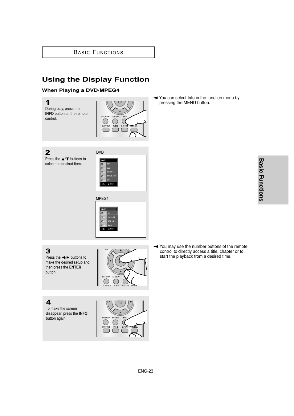 Using the display function, Basic functions b | Samsung DVD-HD870 User Manual | Page 23 / 62