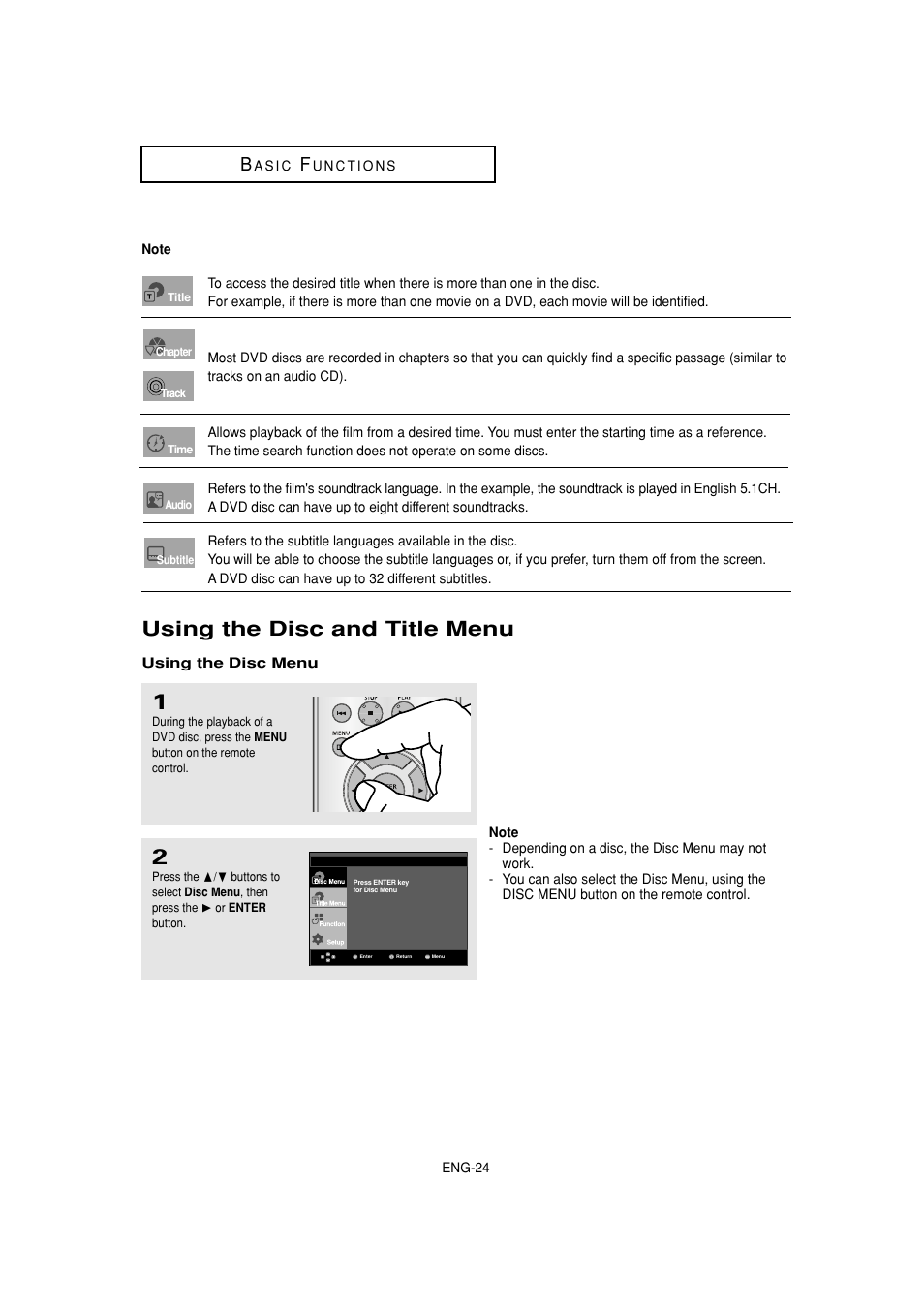 Using the disc and title menu | Samsung DVD-HD870 User Manual | Page 24 / 62