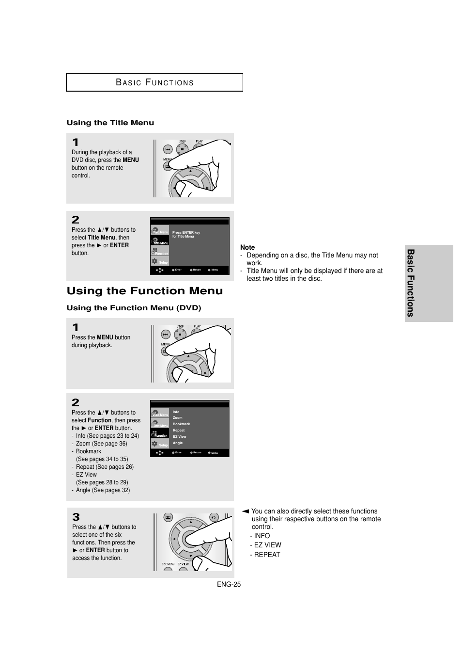 Using the function menu, Basic functions b | Samsung DVD-HD870 User Manual | Page 25 / 62