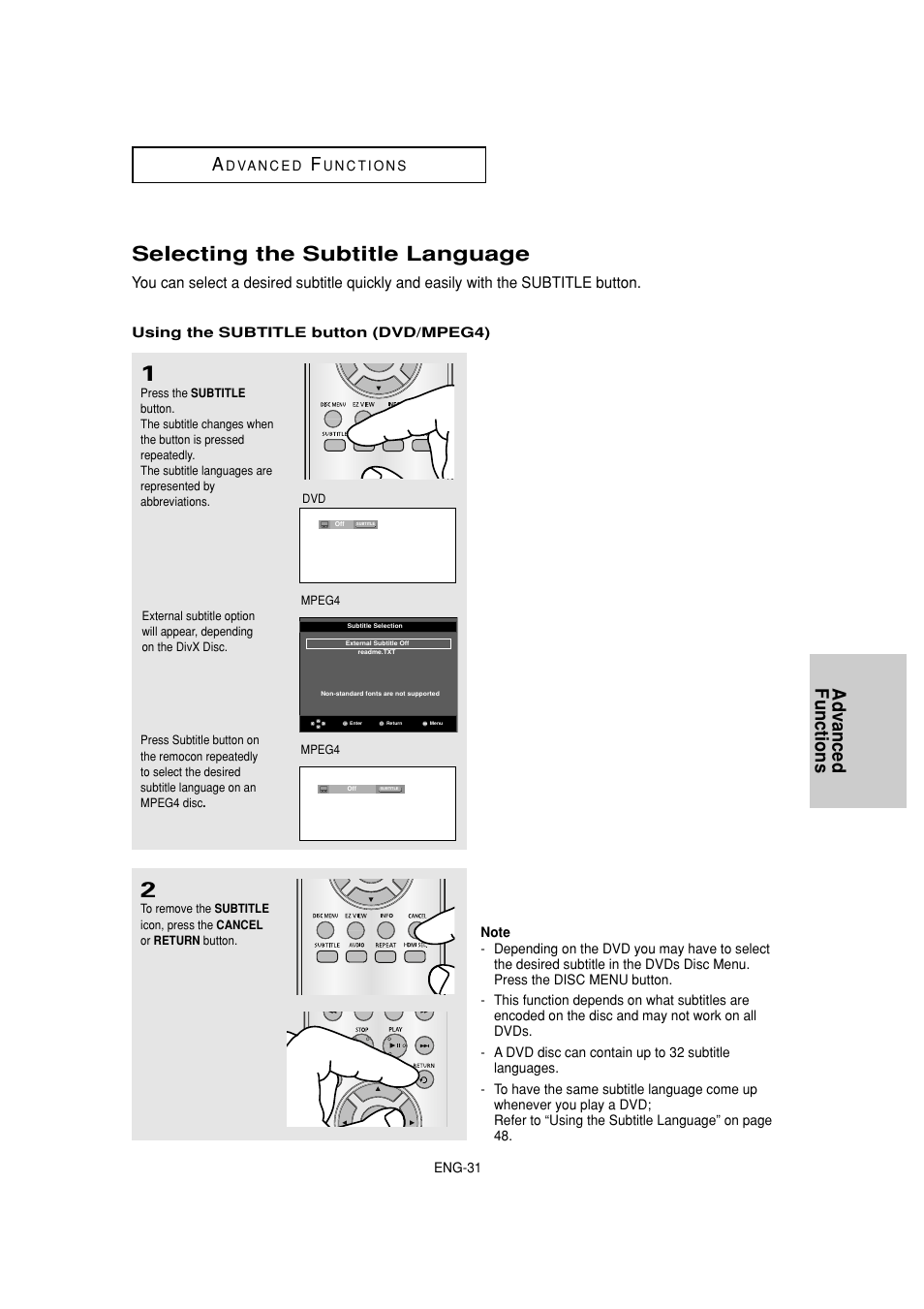 Selecting the subtitle language, Advanced functions a | Samsung DVD-HD870 User Manual | Page 31 / 62