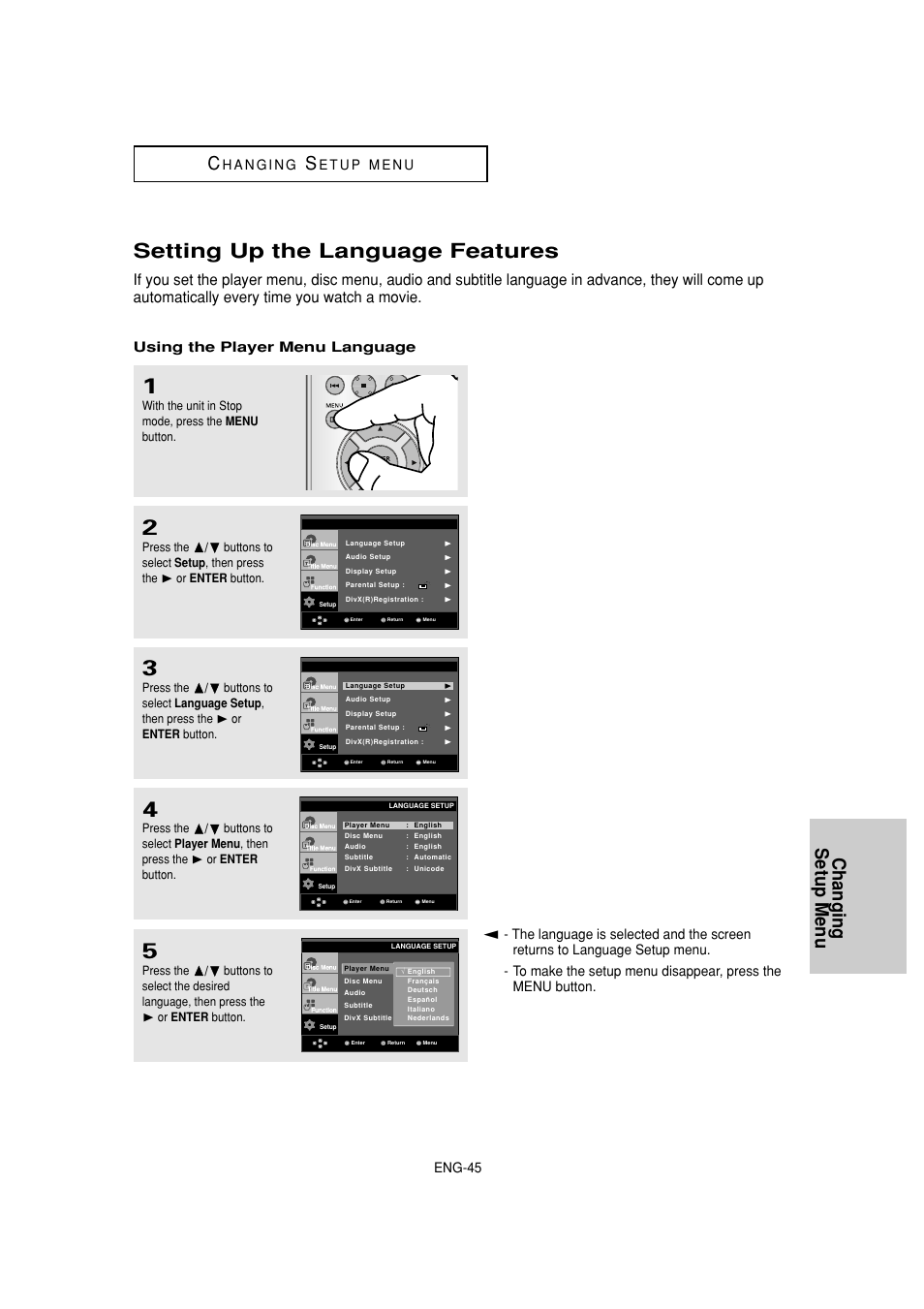Setting up the language features, Changing setup menu c, Eng-45 | Using the player menu language | Samsung DVD-HD870 User Manual | Page 45 / 62