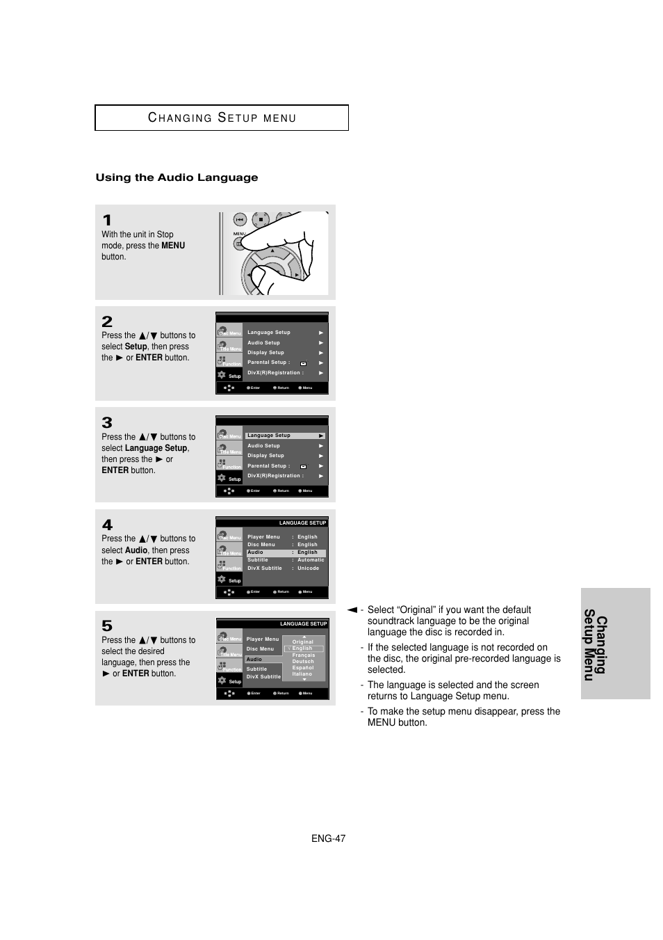 Changing setup menu, Eng-47, Using the audio language | Samsung DVD-HD870 User Manual | Page 47 / 62