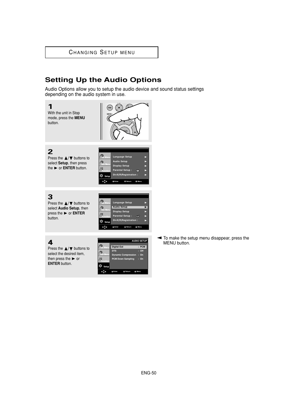 Setting up the audio options, Eng-50 | Samsung DVD-HD870 User Manual | Page 50 / 62
