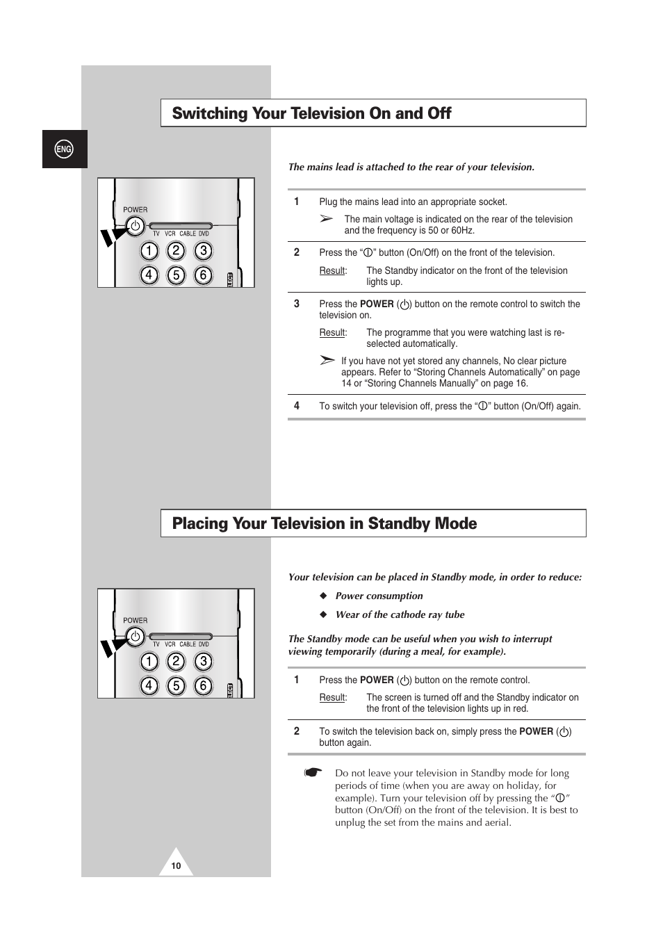 Placing your television in standby mode, Switching your television on and off | Samsung 29Z6 User Manual | Page 10 / 44