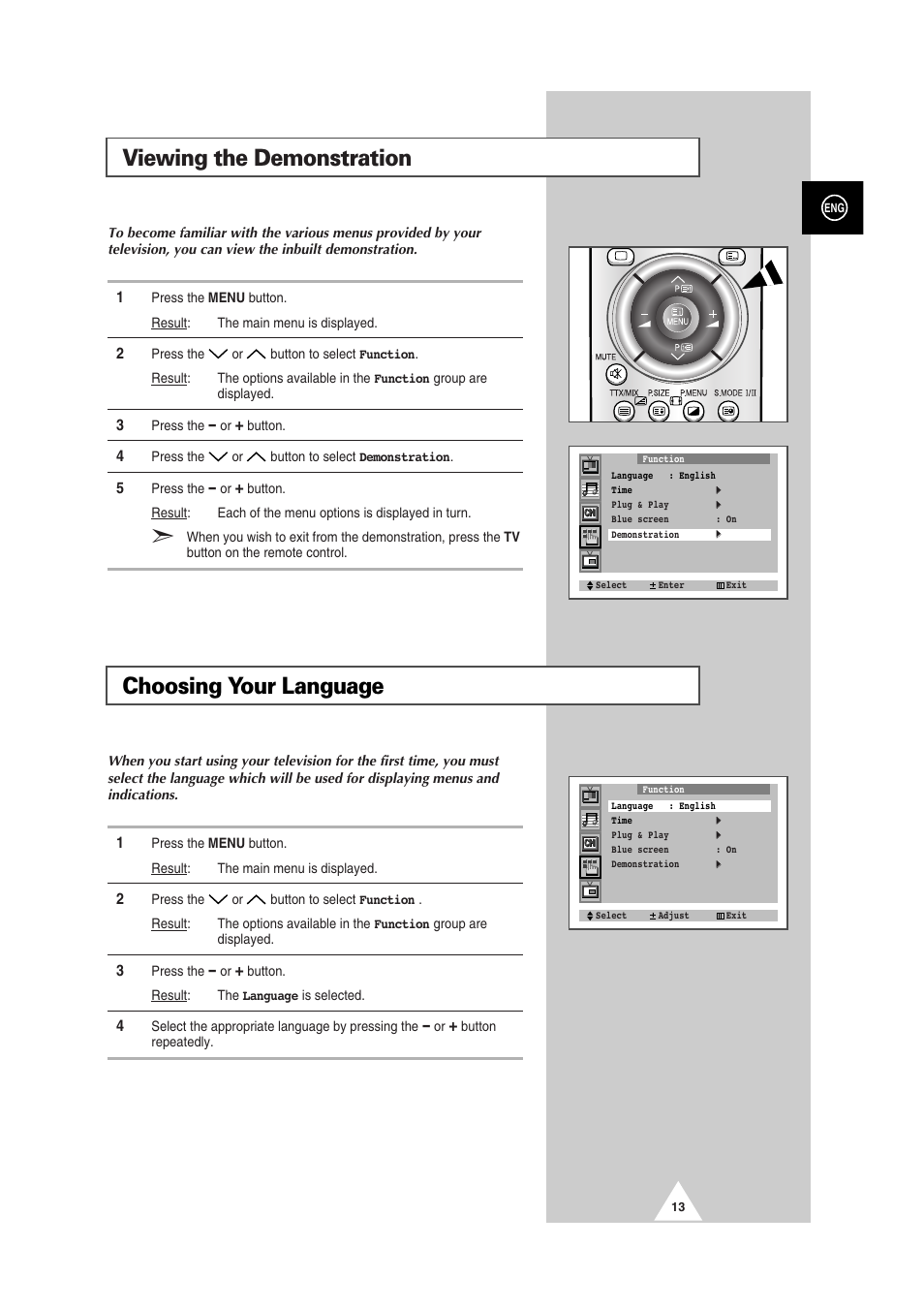 Viewing the demonstration choosing your language | Samsung 29Z6 User Manual | Page 13 / 44
