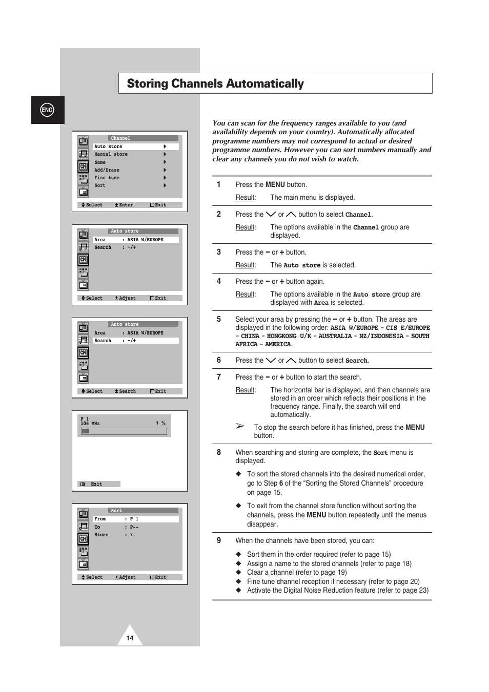 Storing channels automatically | Samsung 29Z6 User Manual | Page 14 / 44