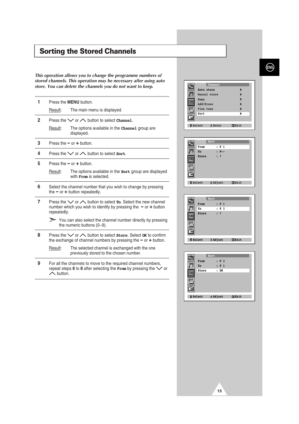 Sorting the stored channels | Samsung 29Z6 User Manual | Page 15 / 44
