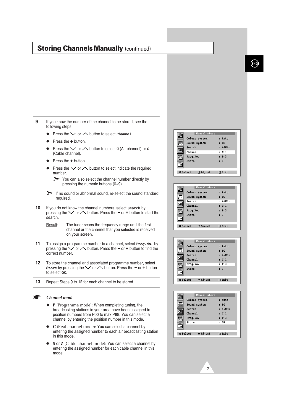 Storing channels manually, Continued) | Samsung 29Z6 User Manual | Page 17 / 44