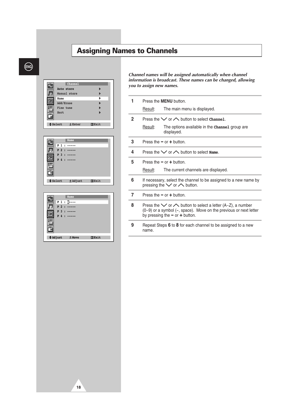 Assigning names to channels | Samsung 29Z6 User Manual | Page 18 / 44