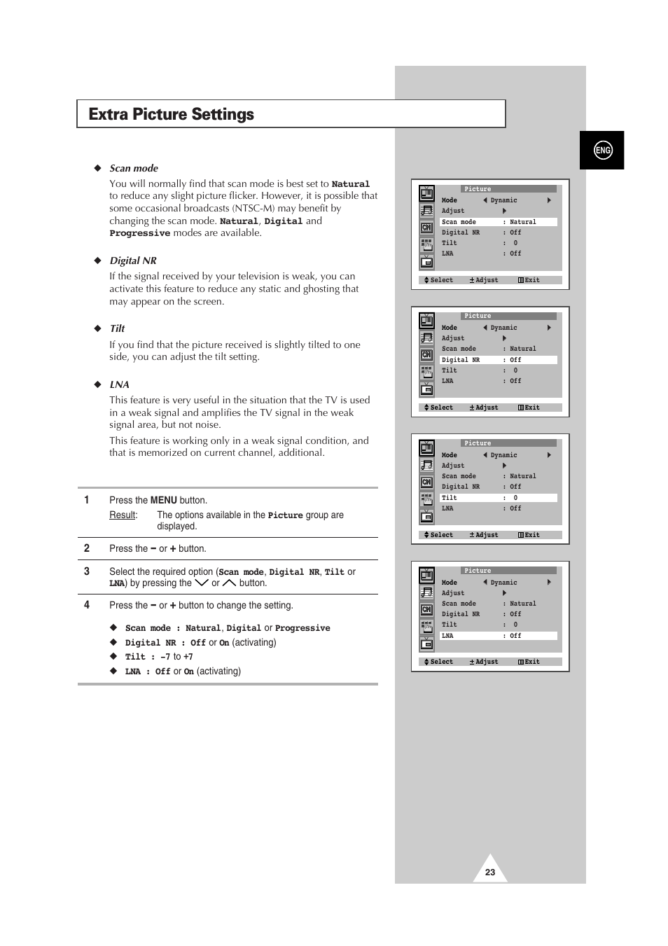Extra picture settings | Samsung 29Z6 User Manual | Page 23 / 44