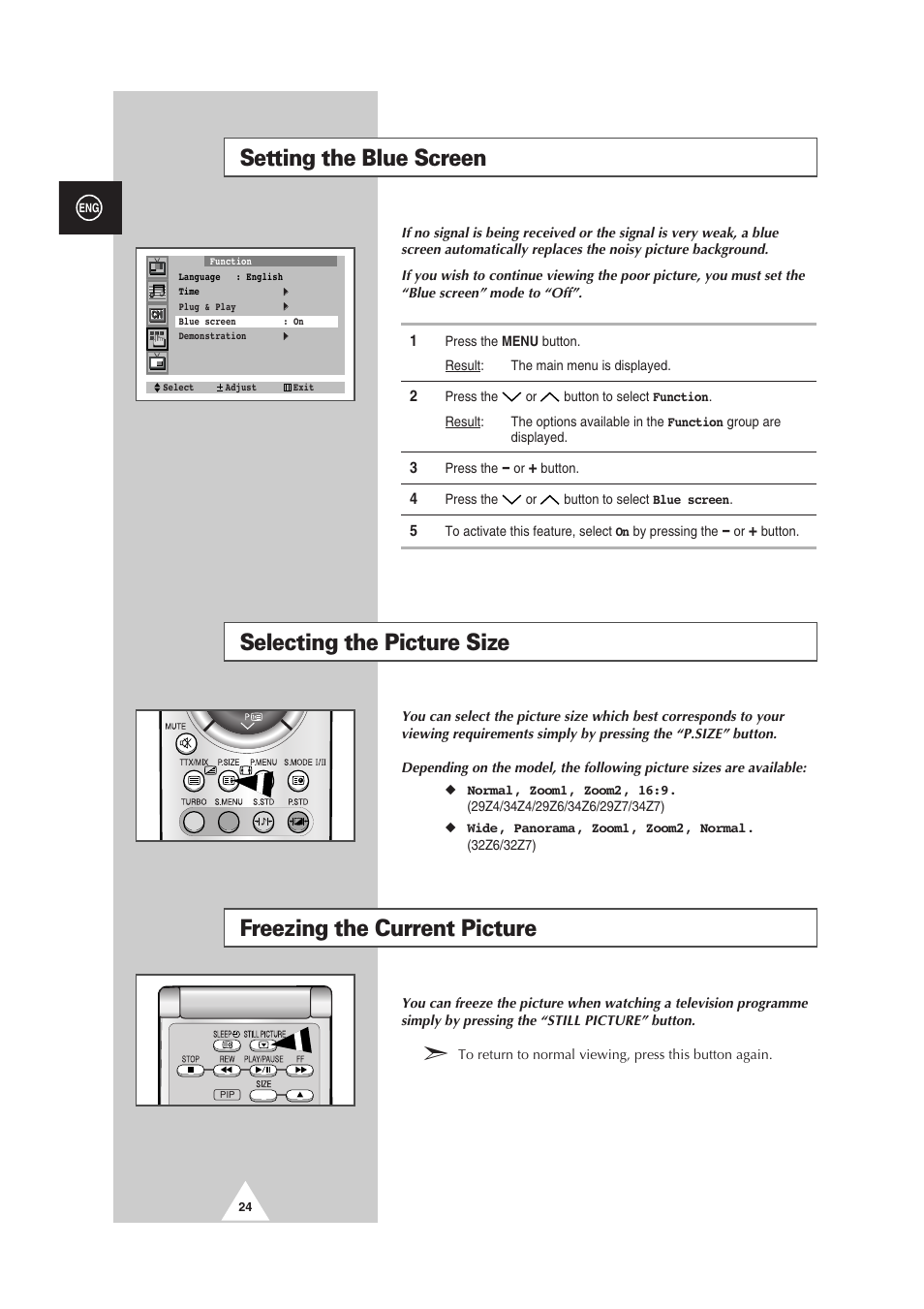 Selecting the picture size, Freezing the current picture, Setting the blue screen | Samsung 29Z6 User Manual | Page 24 / 44