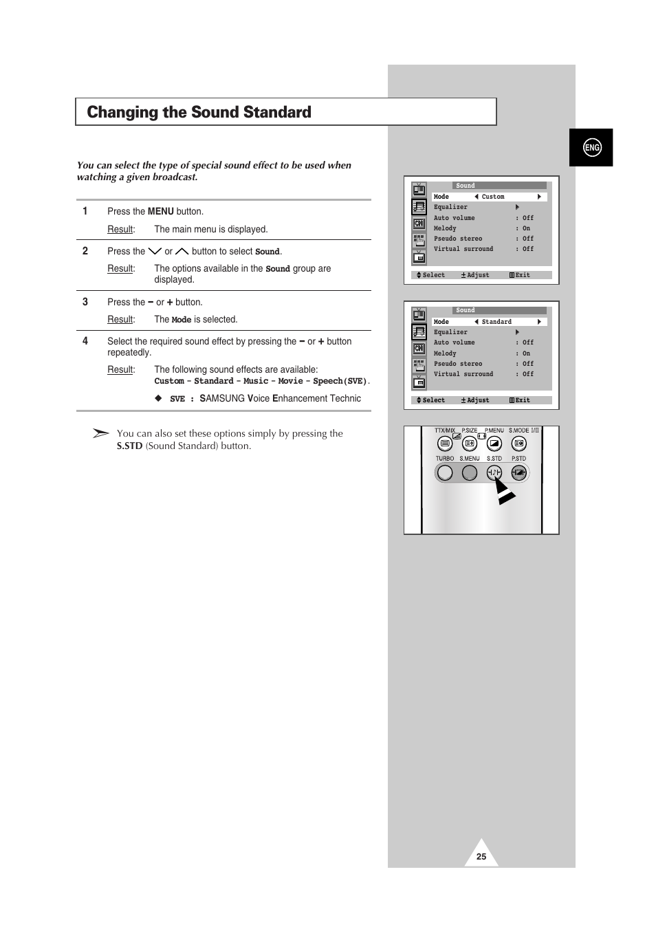 Changing the sound standard | Samsung 29Z6 User Manual | Page 25 / 44
