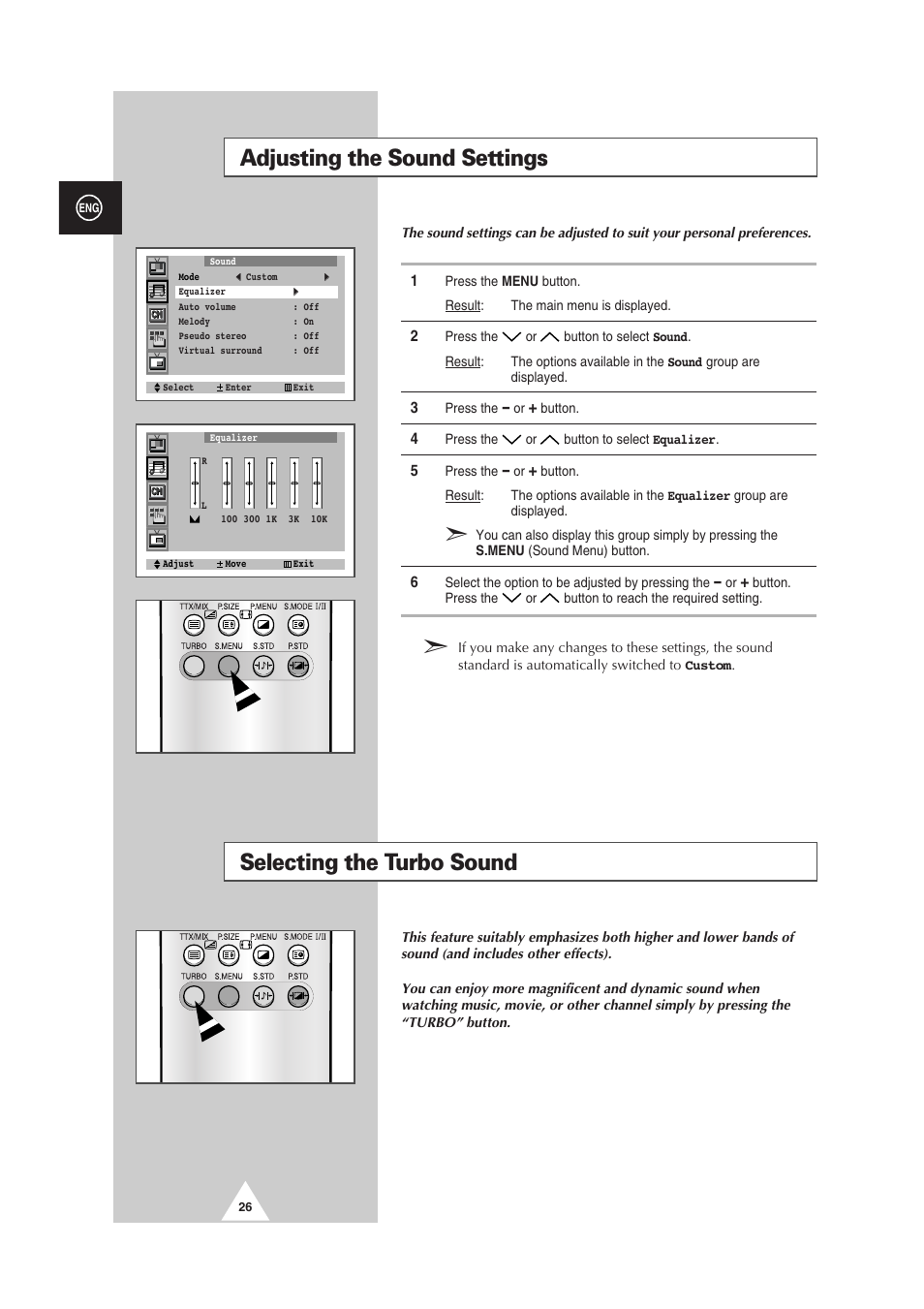 Adjusting the sound settings, Selecting the turbo sound | Samsung 29Z6 User Manual | Page 26 / 44