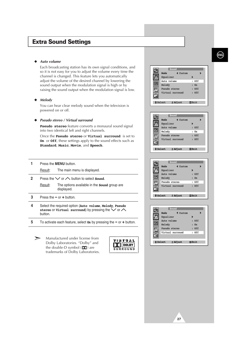 Extra sound settings | Samsung 29Z6 User Manual | Page 27 / 44